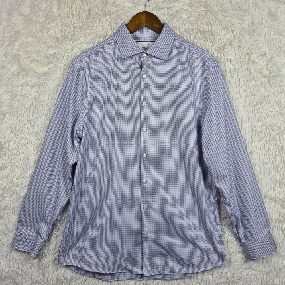 Charles Tyrwhitt Mens Super Slim Non-Iron Cotton Shirt Geo Blue White 16.5 34